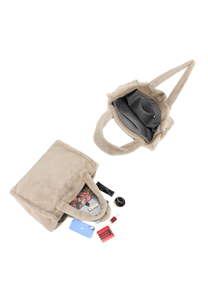 Beige Shopper Tas met Zachte Imitatiebontstructuur