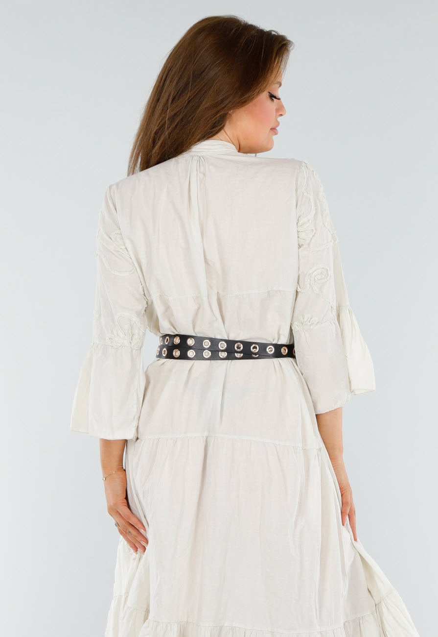 Beige Maxi-Jurk met Borduursels en Trompetmouwen in Linnenlook