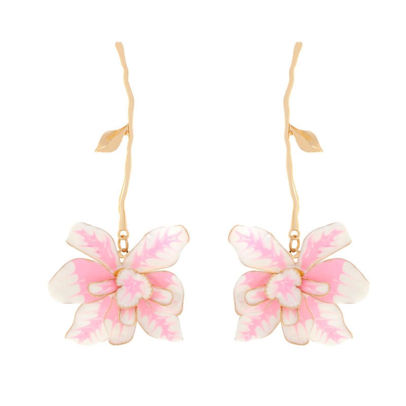 Goudkleurige Oorbellen met Roze-Witte Bloemhanger