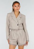 NEW290726 Grijze Blazer en Short Set met Kanten Afwerking