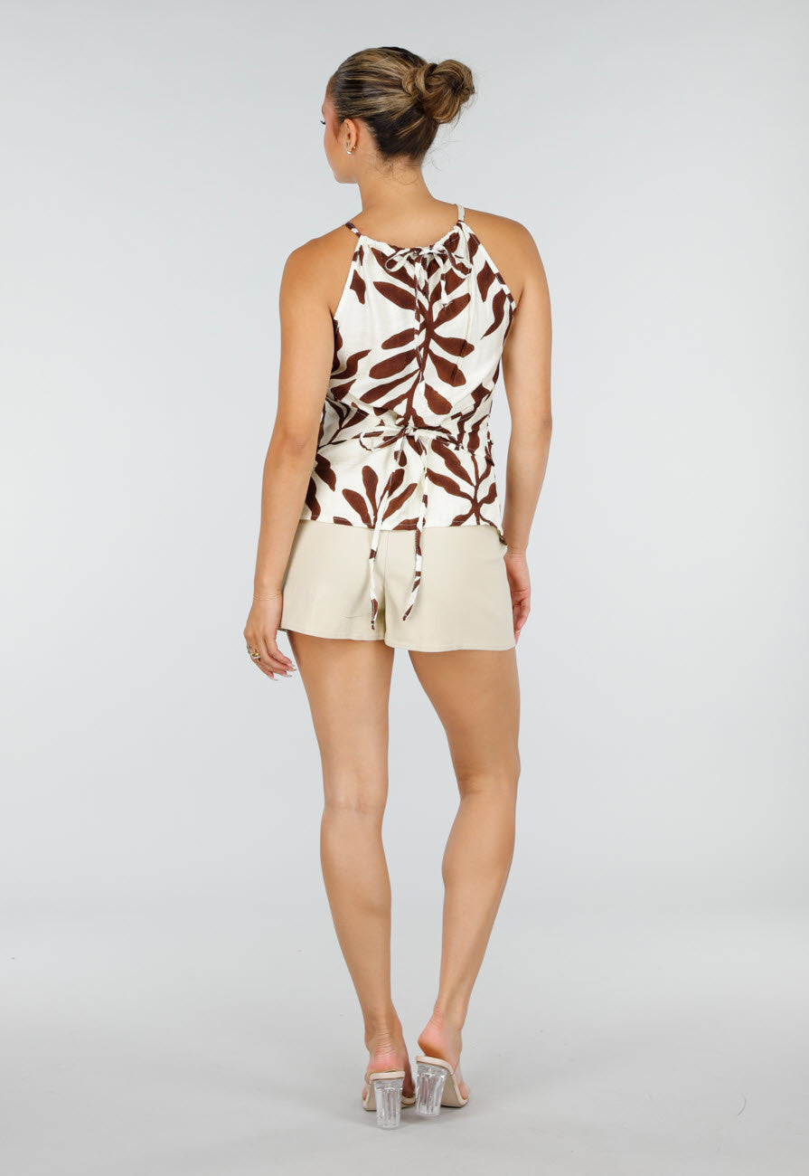NEW120826 Beige Halter Top met Bladerenprint en Striksluiting op de Rug