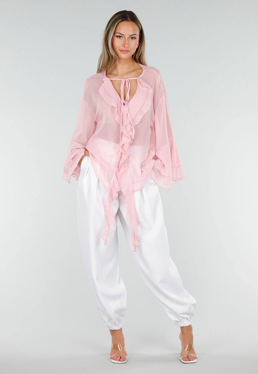 NEW010726 Witte Plooibroek met Elastische Boorden en Hoge Taille