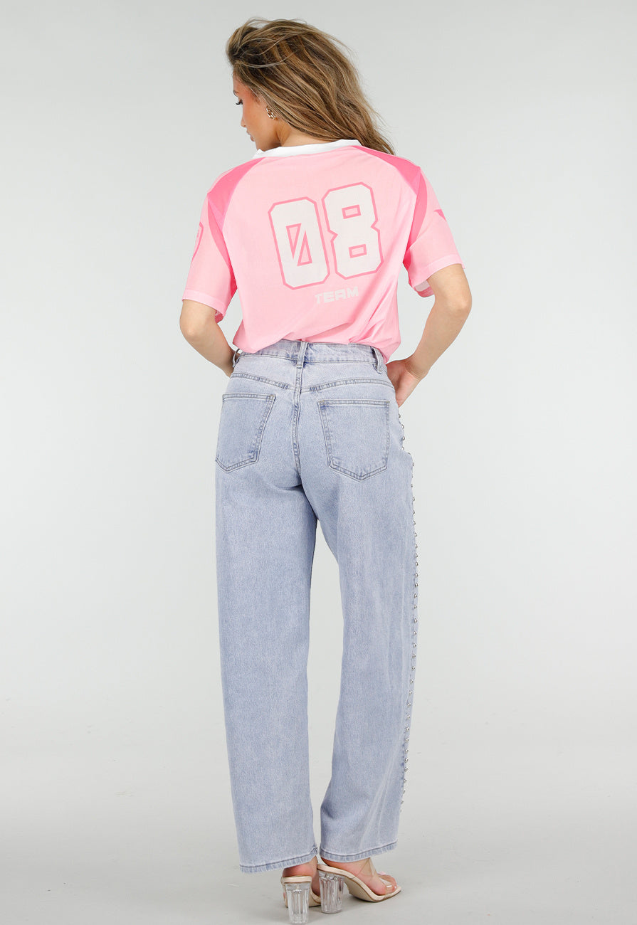 Roze Mesh Jersey Top met V-hals en Korte Mouwen en Print