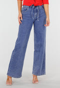 Blauwe Wide Leg Jeans met Elastische Taille en Strikkoord
