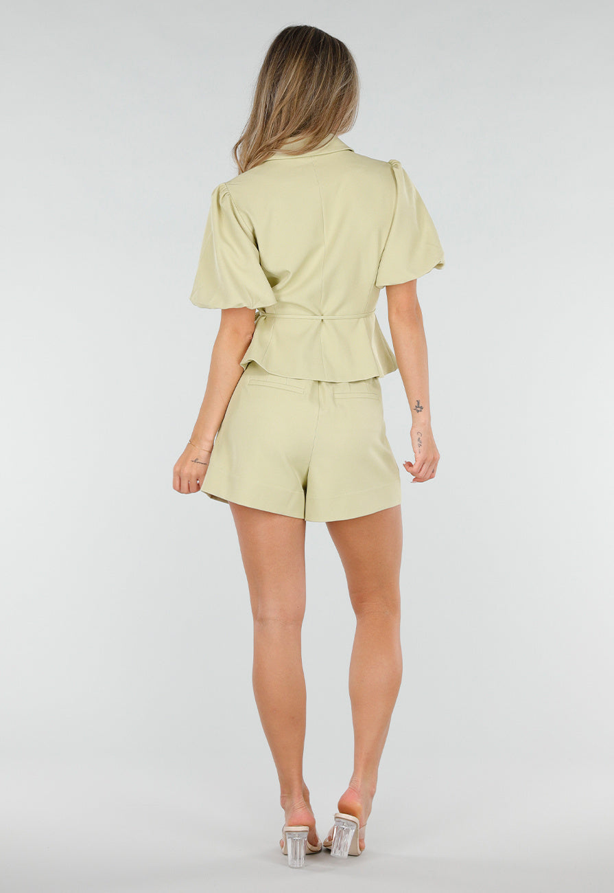 NEW190826 Pistache Blazer met Korte Pofmouwen en Striksluiting