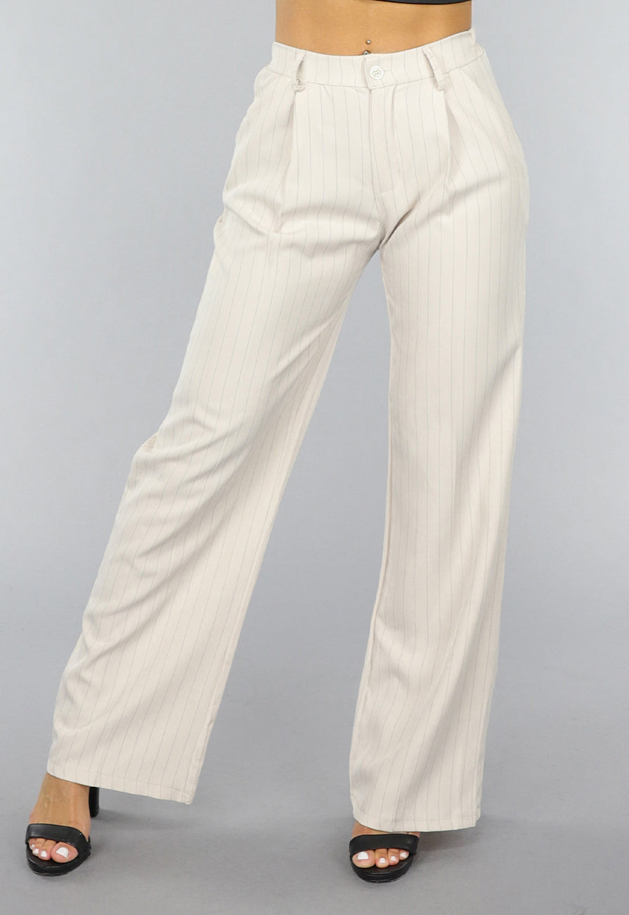 Beige Wide Leg Pantalon met Streepjes Patroon