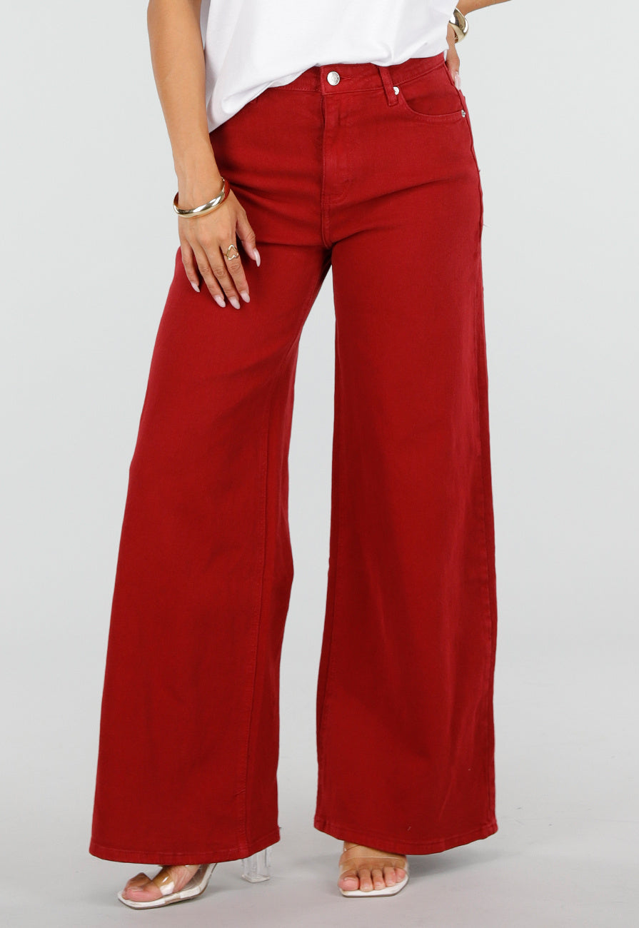 NEW120826 Rode Wide Leg Jeans met Hoge Taille en Lichte Stretch