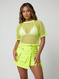 Neongele Fishnet Crop Top met Korte Mouwen