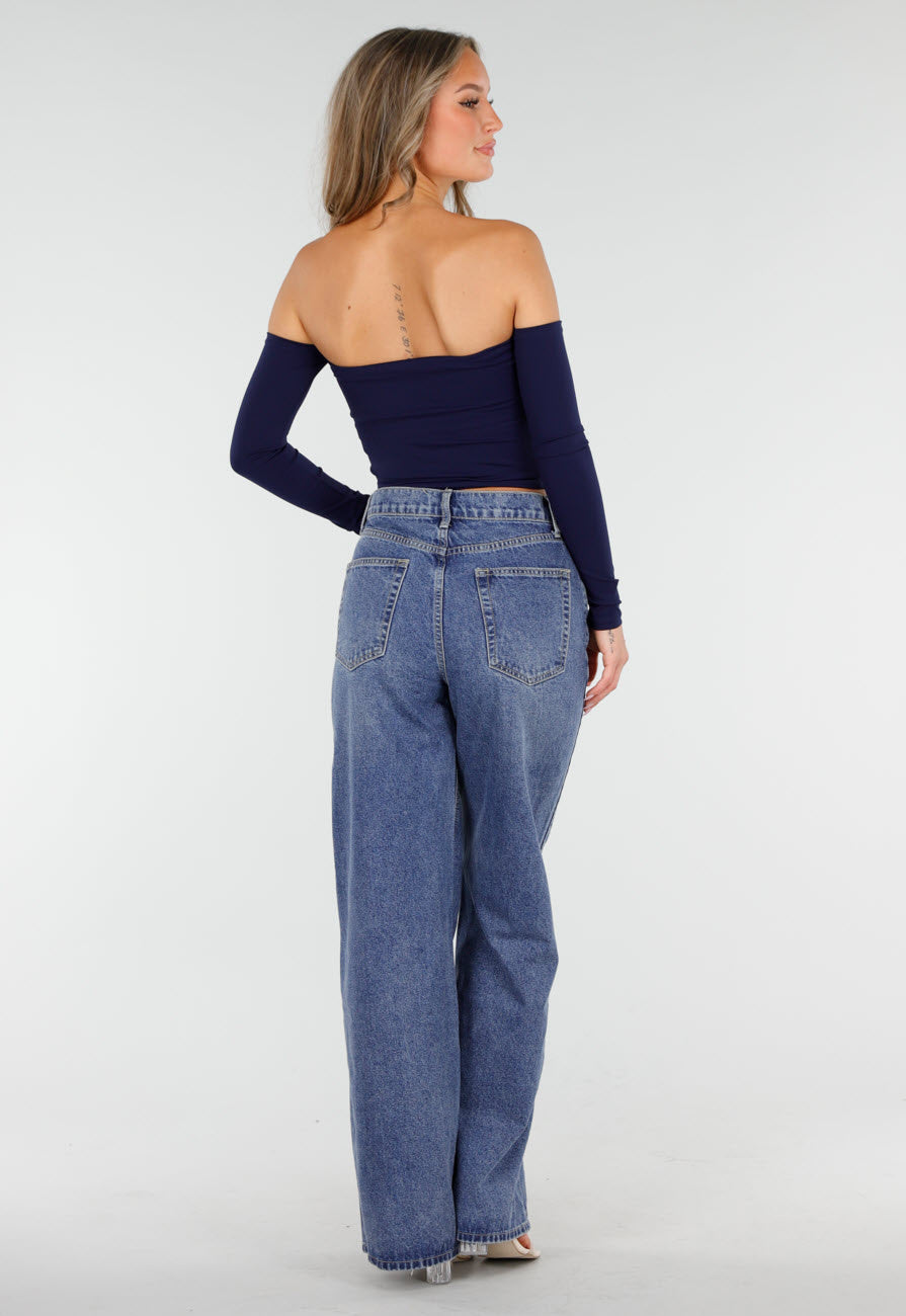 Donkerblauwe Off Shoulder Crop Top met Lange Mouwen