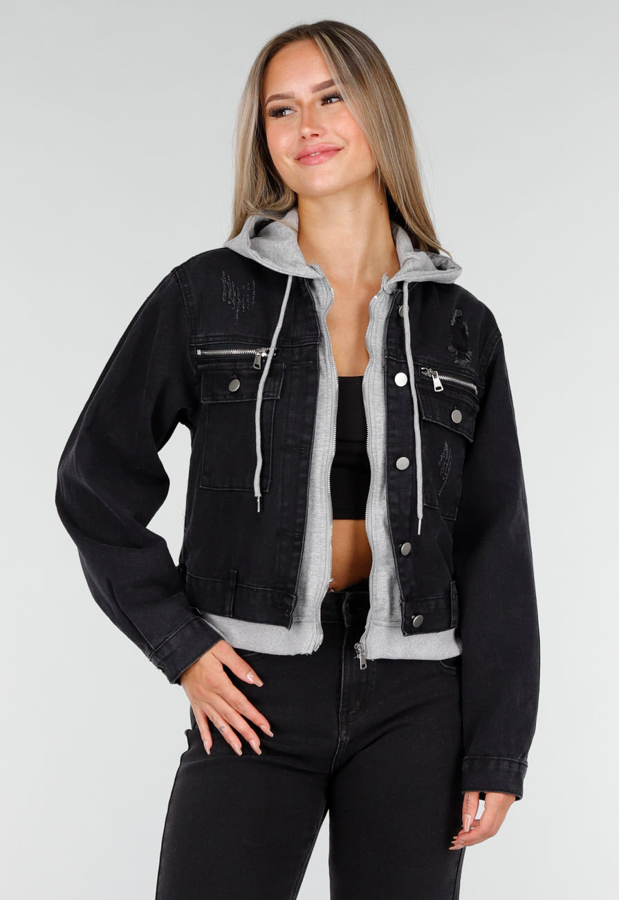 Zwarte Denim Jas met Grijze Capuchon en Zakken met Rits