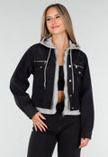 Zwarte Denim Jas met Grijze Capuchon en Zakken met Rits