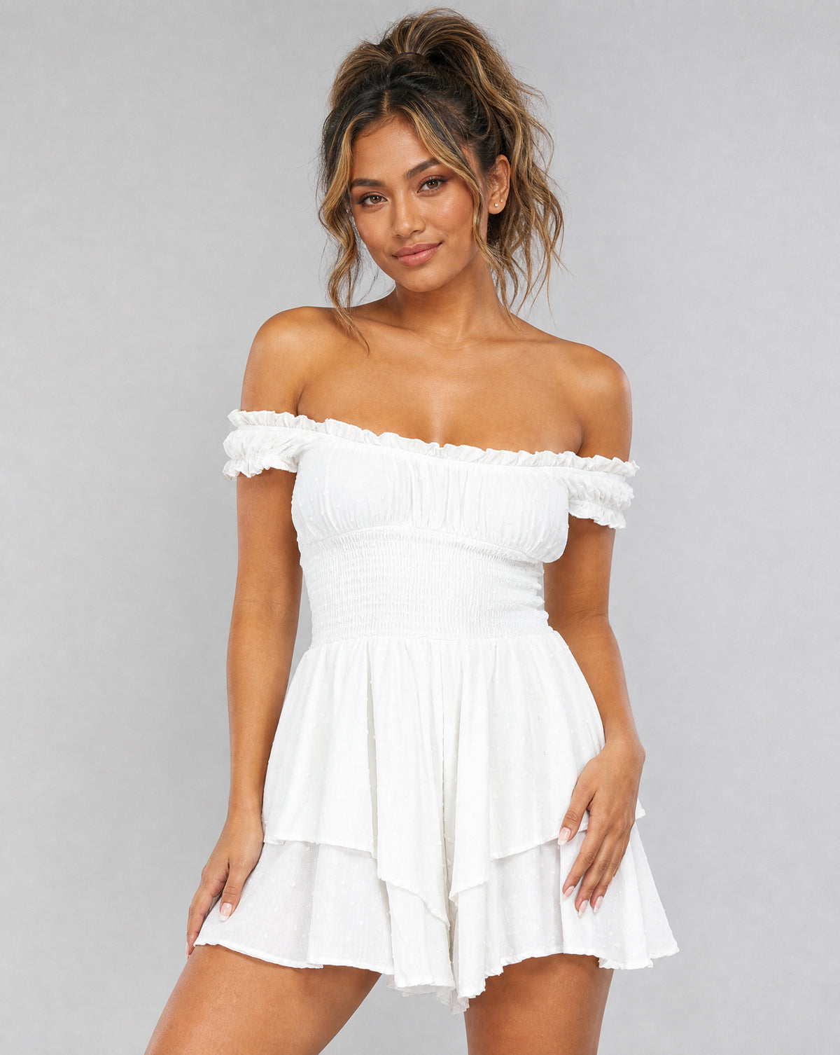 Witte Layered Polkadot Off Shoulder Playsuit