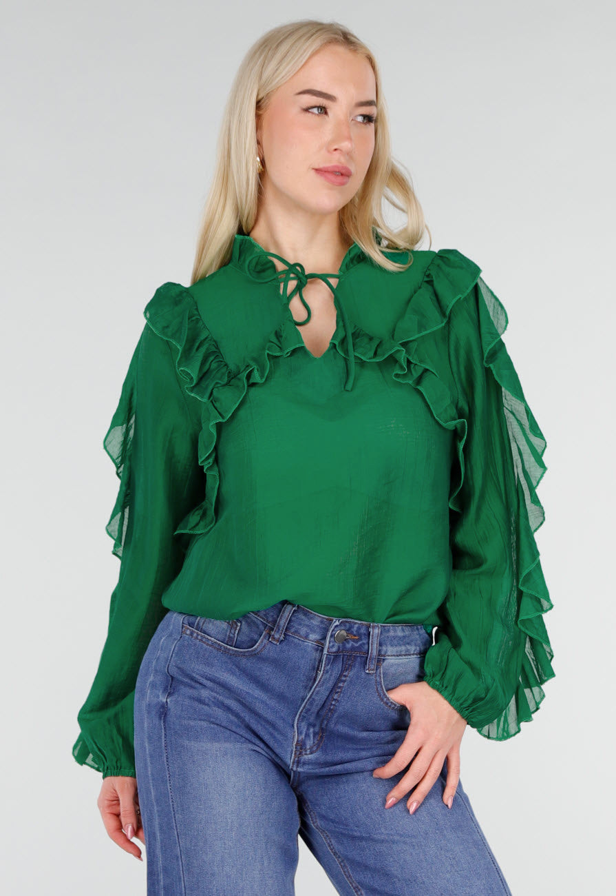 Groene Chiffon Blouse met Ruches en Strikdetail