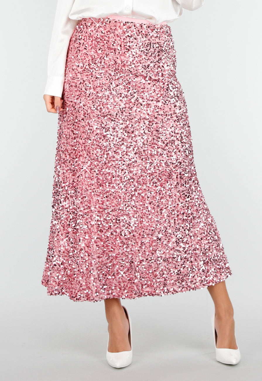 Roze Midi Rok met All Over Pailletten en Subtiele Uitlopende Zoom