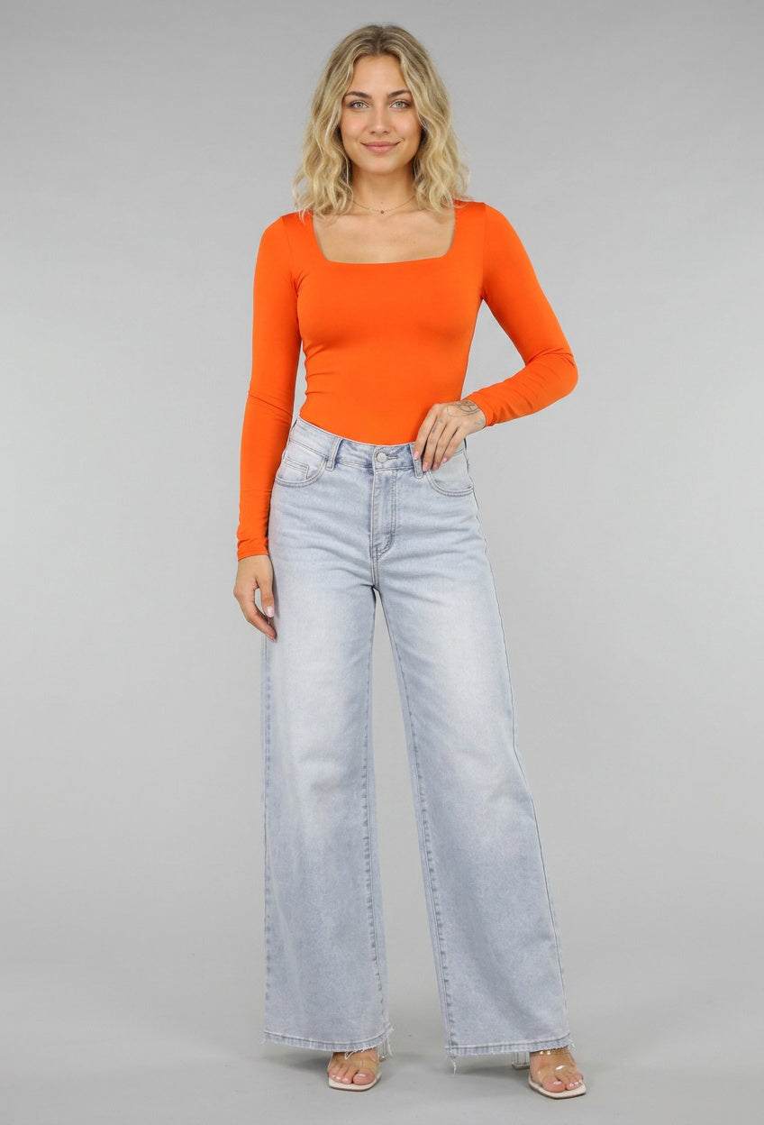 Oranje Longsleeve Top met Vierkante Hals