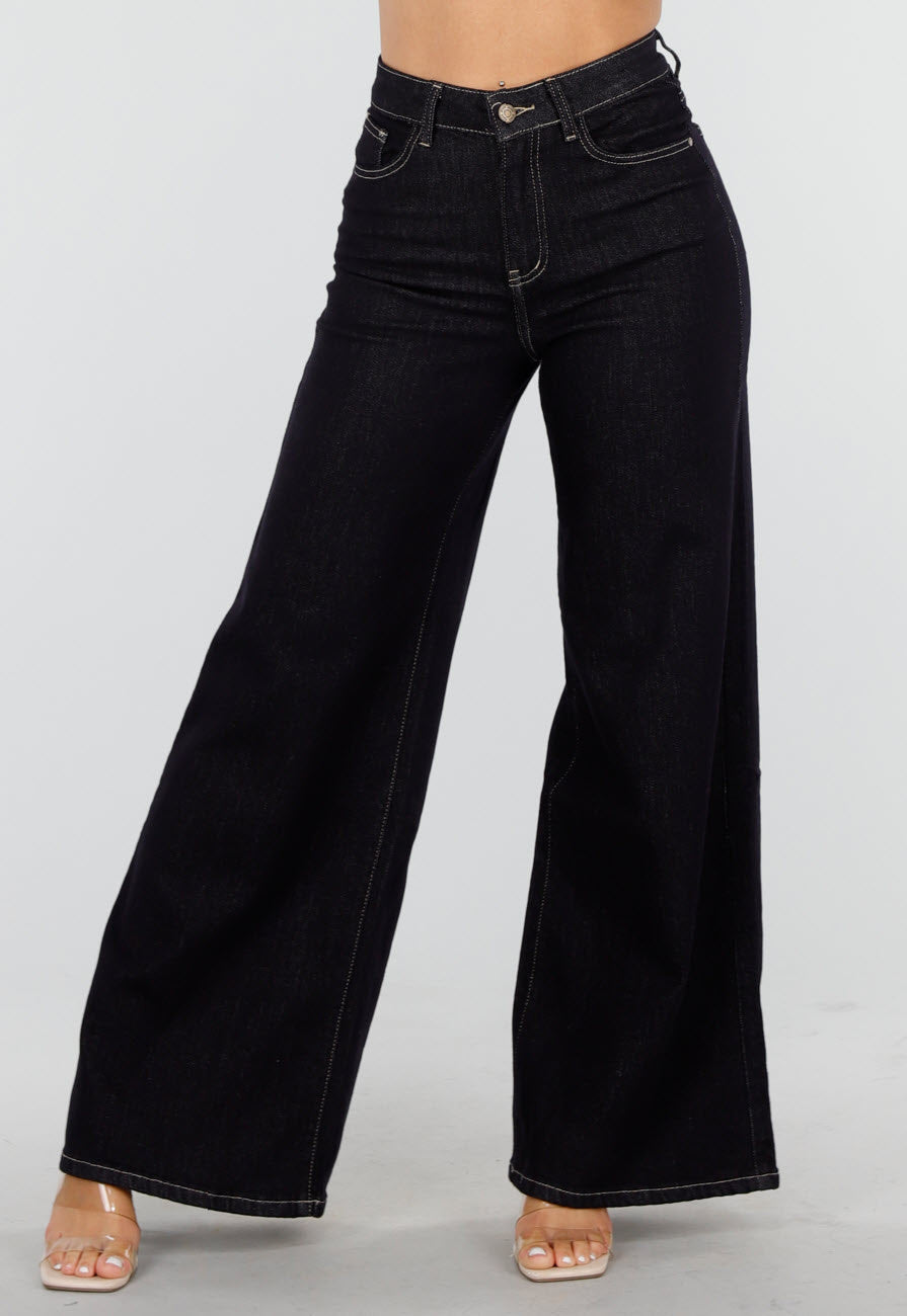 Redial Jeans Donkerblauwe Flared Jeans met High Waist en Contrasterende Stiksels