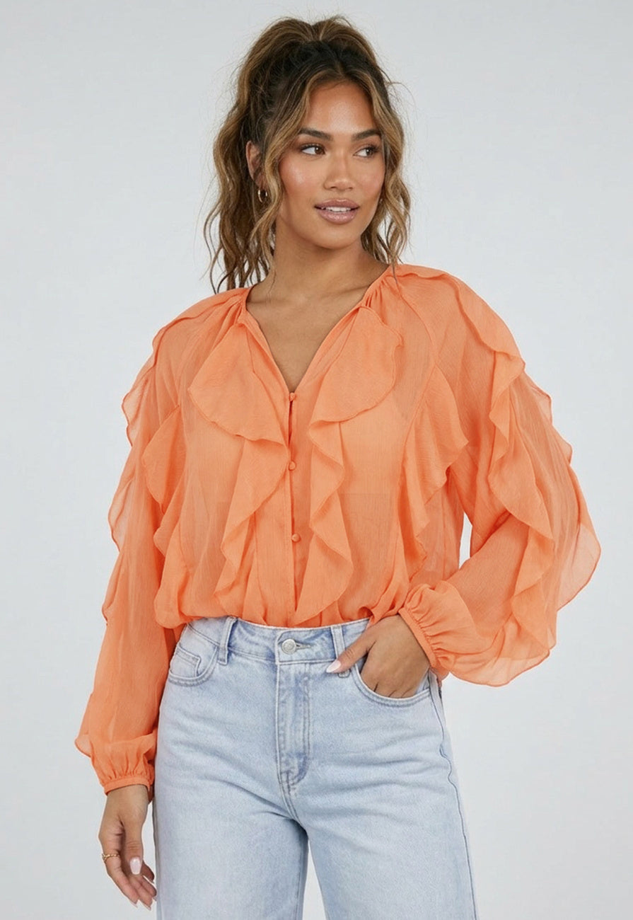 Oranje Chiffon Blouse met Ruffle Details en Lange Mouwen