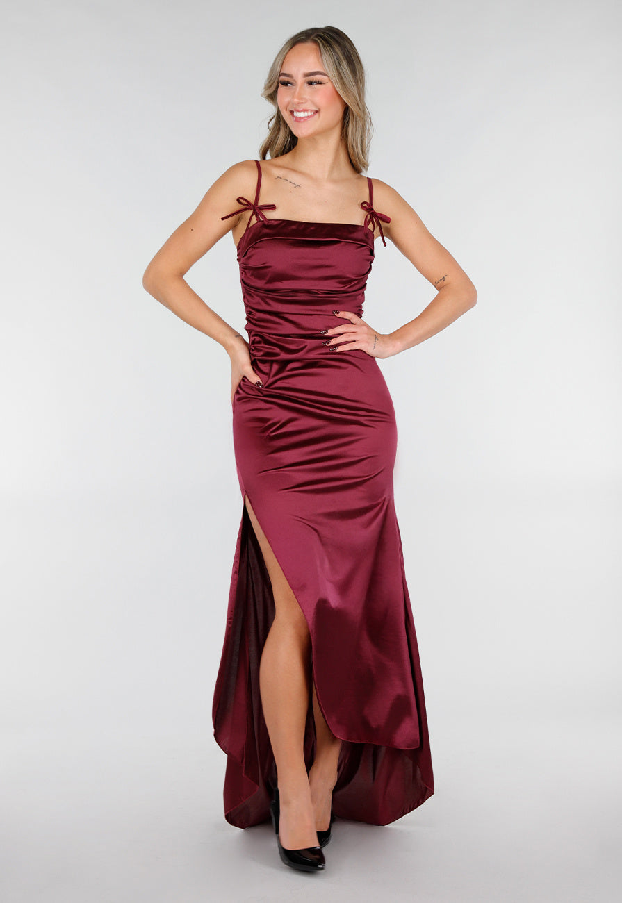 Satijnen Maxi Jurk Burgundy met Spaghetti Bandjes met Strikjes