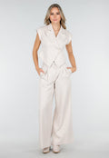 Beige Two Piece Set met Mouwloos Gilet en Plooibroek met Hoge Taille