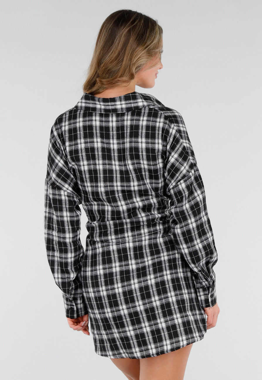 Zwart Witte Geruite Blouse Jurk met Strikmouwen