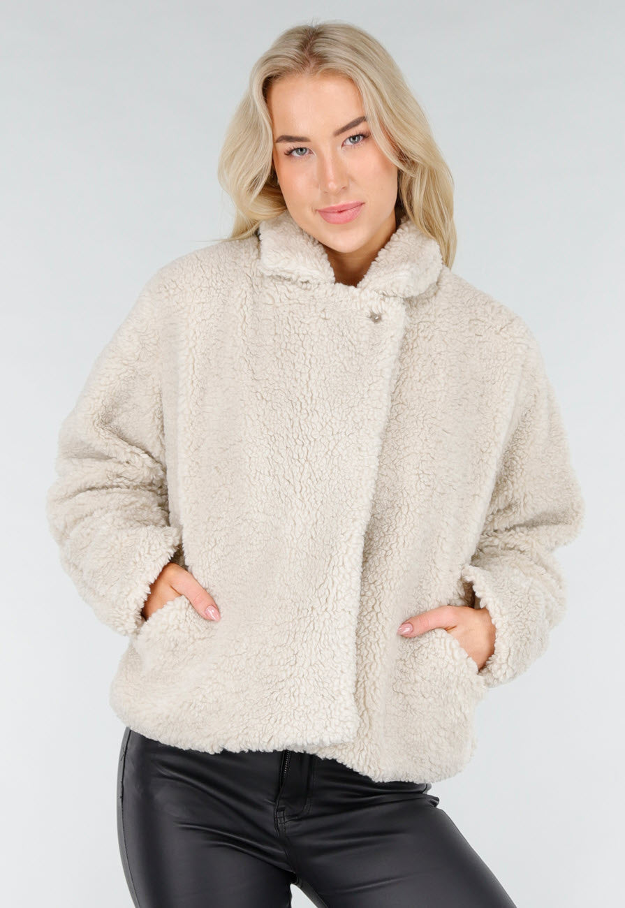 Beige Teddy Jas met Zachte Fleece Textuur en Opstaande Kraag