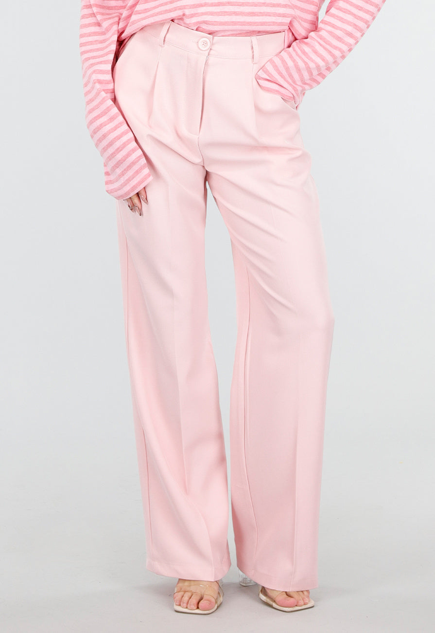 Lichtroze Wide Leg Pantalon met Plooien