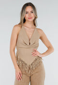 Beige Halter Top met Fringe Zoom en Open Rug