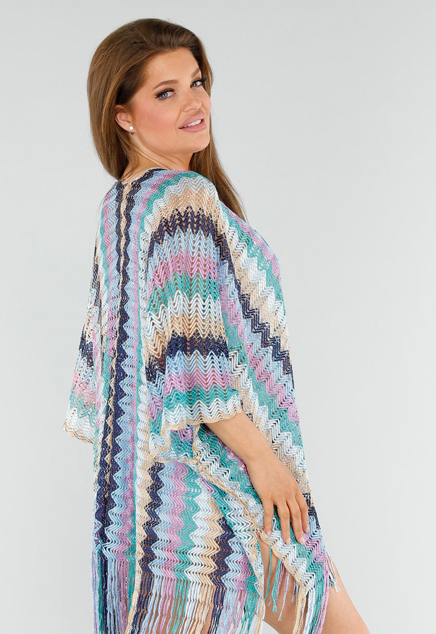 Pastel Zigzag Cover-Up met Franjes en Open Gehaakt Motief