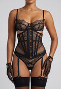 NEW120826 Zwart Kanten Lingerie Set met Korset en Jarretels