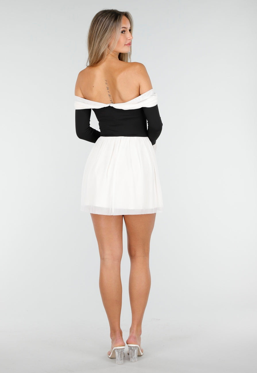 Zwart Beige Off Shoulder Jurk met Strikdetail