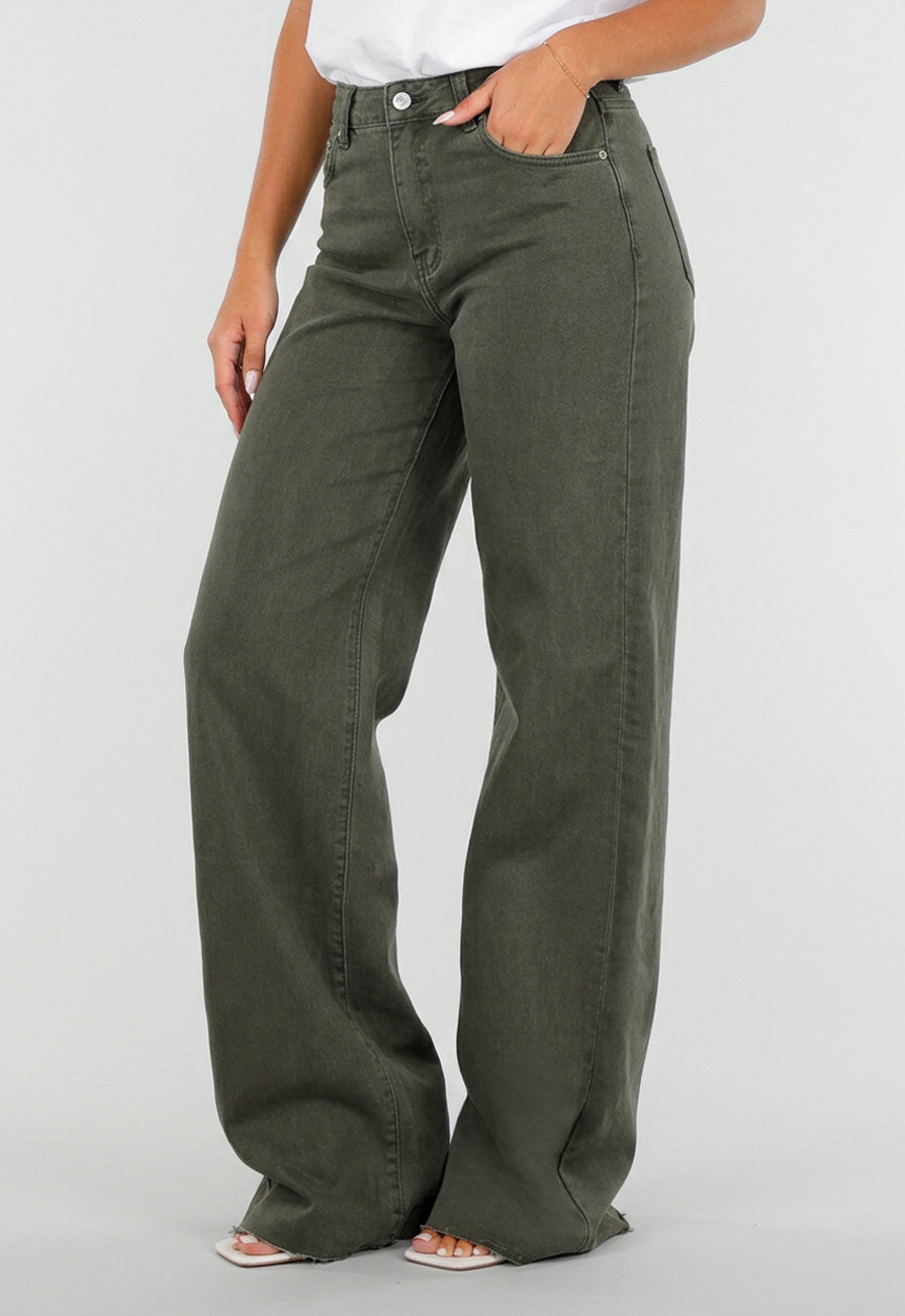 NEW020926 Donkergroene Denim Tall Jeans met Straight Leg, Hoge Taille en Lange Pijpen