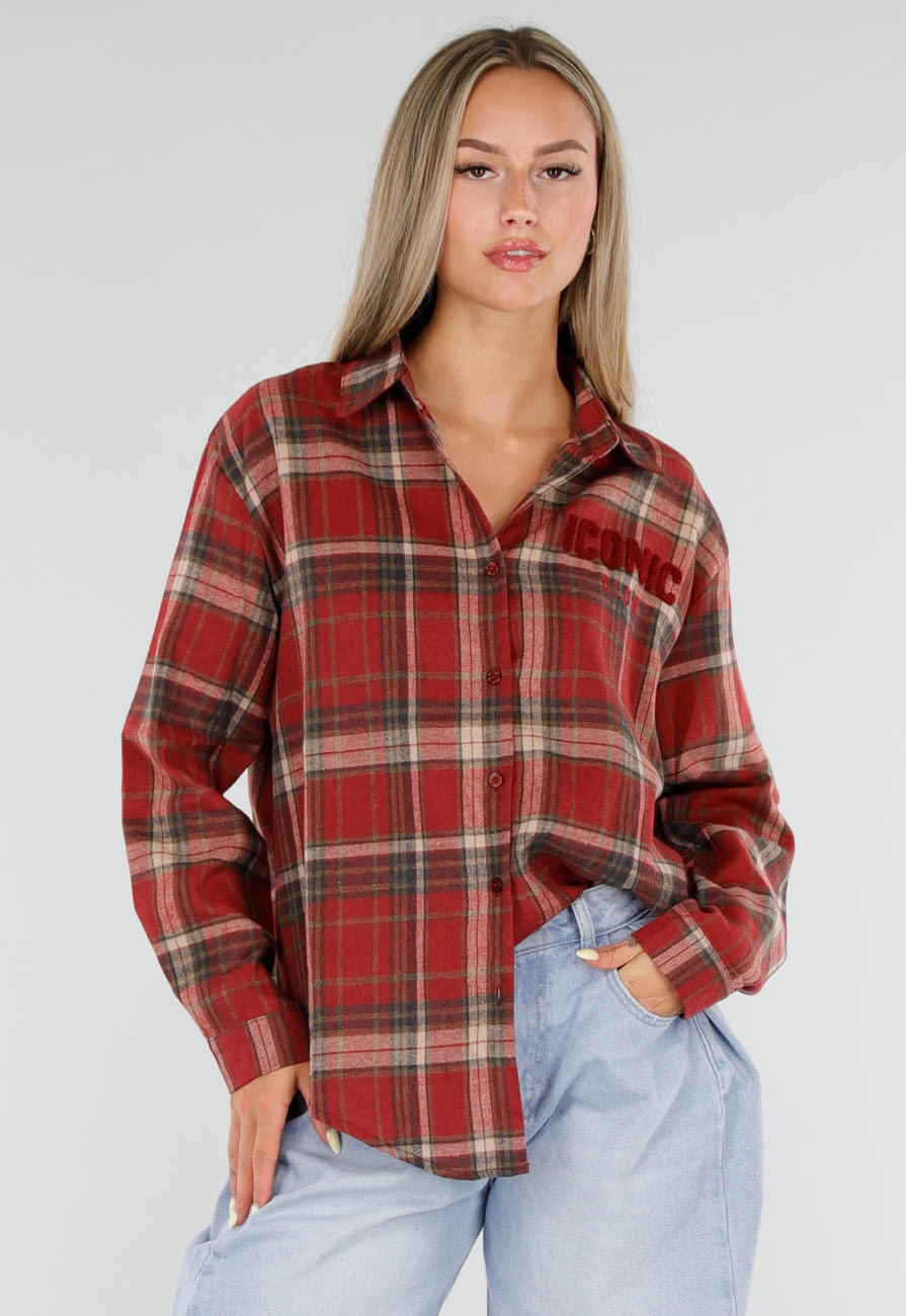 NEW120826 Rode Geruite Blouse met Lange Mouwen en Iconic Club Tekst