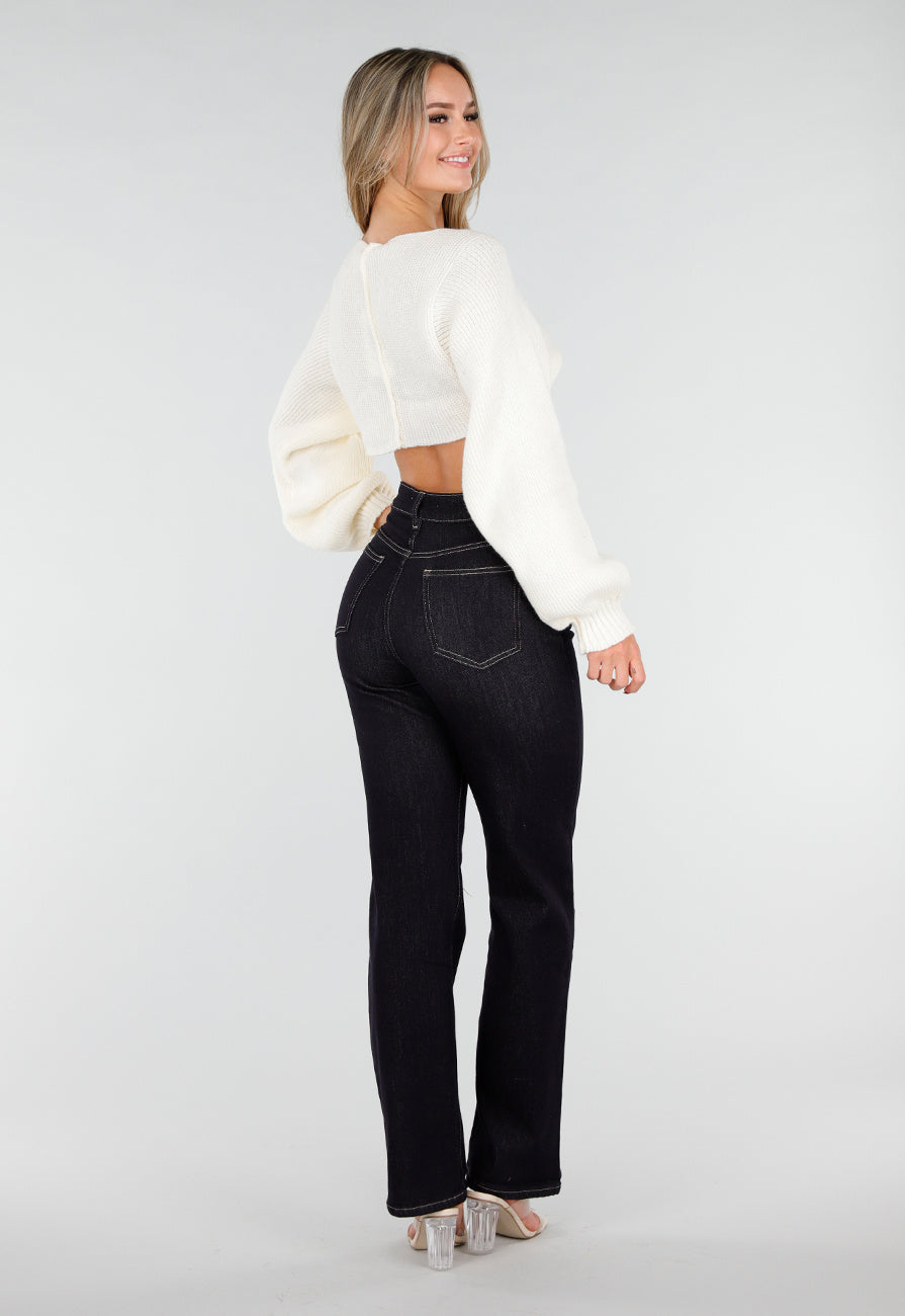 Gebroken Witte Cropped Trui met Ballonmouwen en V-Hals