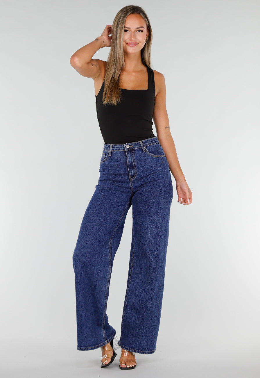 NEW020926 Blauwe Denim Wide Leg Jeans met Zwarte Kanten Achterzakken