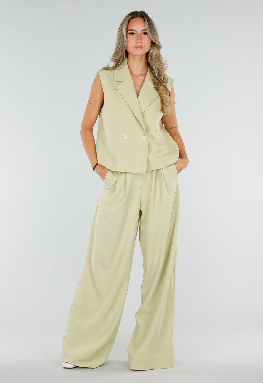 NEW190826 Pistache Groene Tall Wide Leg Broek met Plooien