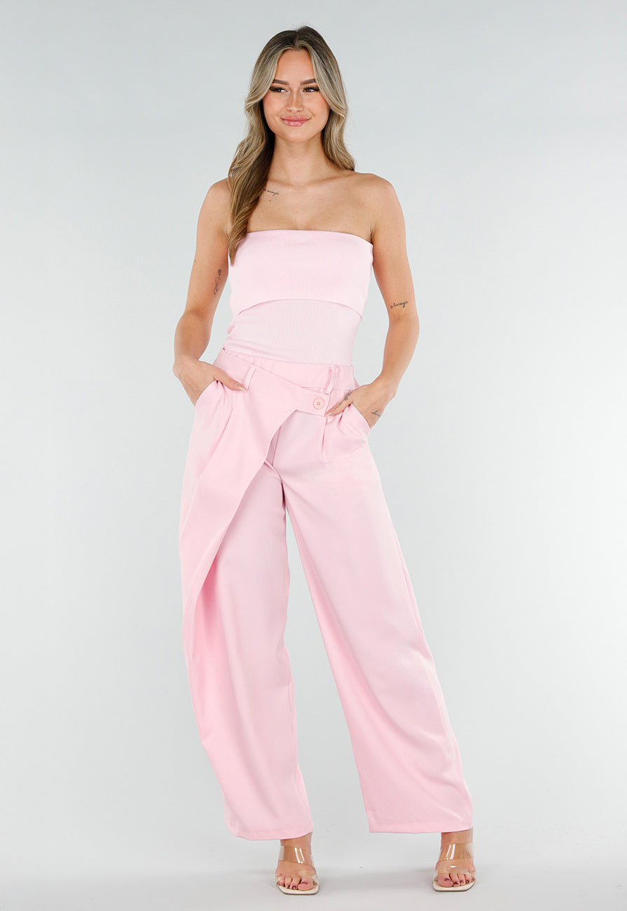 Roze Barrel Overslag Broek met Plooien en Stretchband