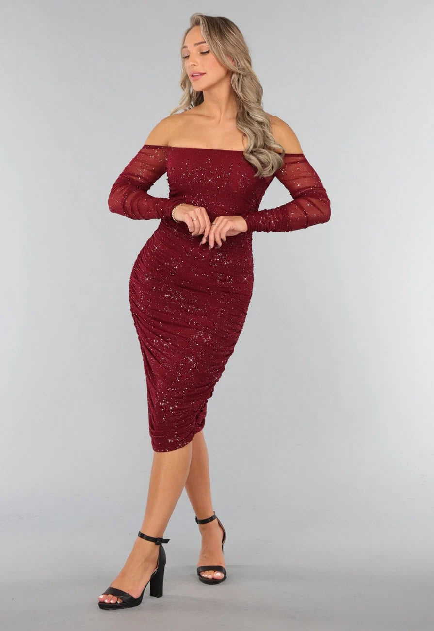 Bordeaux Rode Glitter Bodycon Jurk van Mesh
