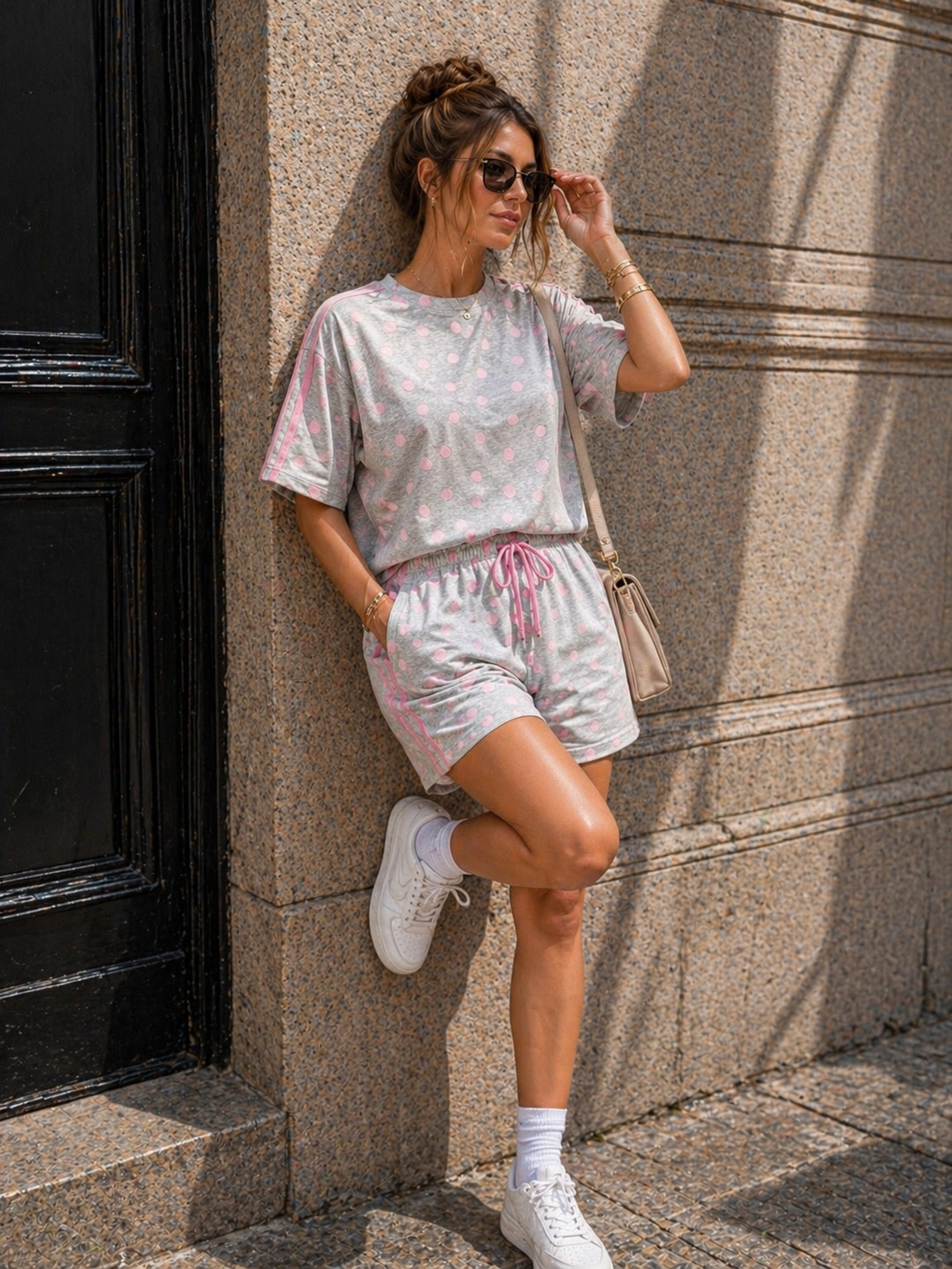 Grijze Polkadot Two Piece Set met T-Shirt en Shorts