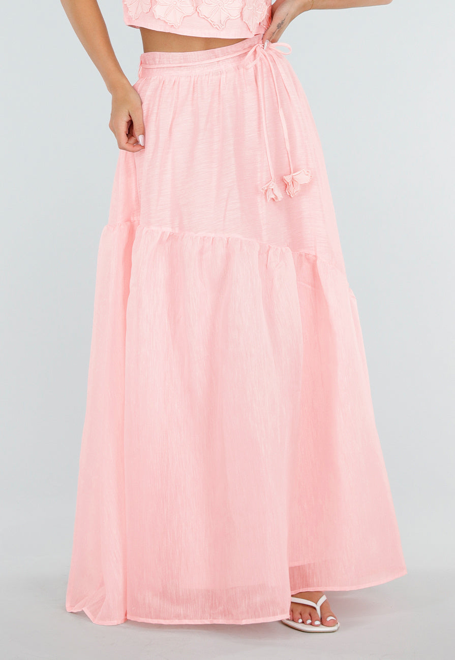 NEW150726 Lichtroze Maxi Rok met Strikceintuur en Volant
