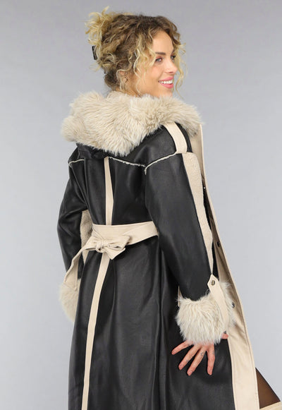 Zwarte Teddy Trenchcoat met Bontkraag