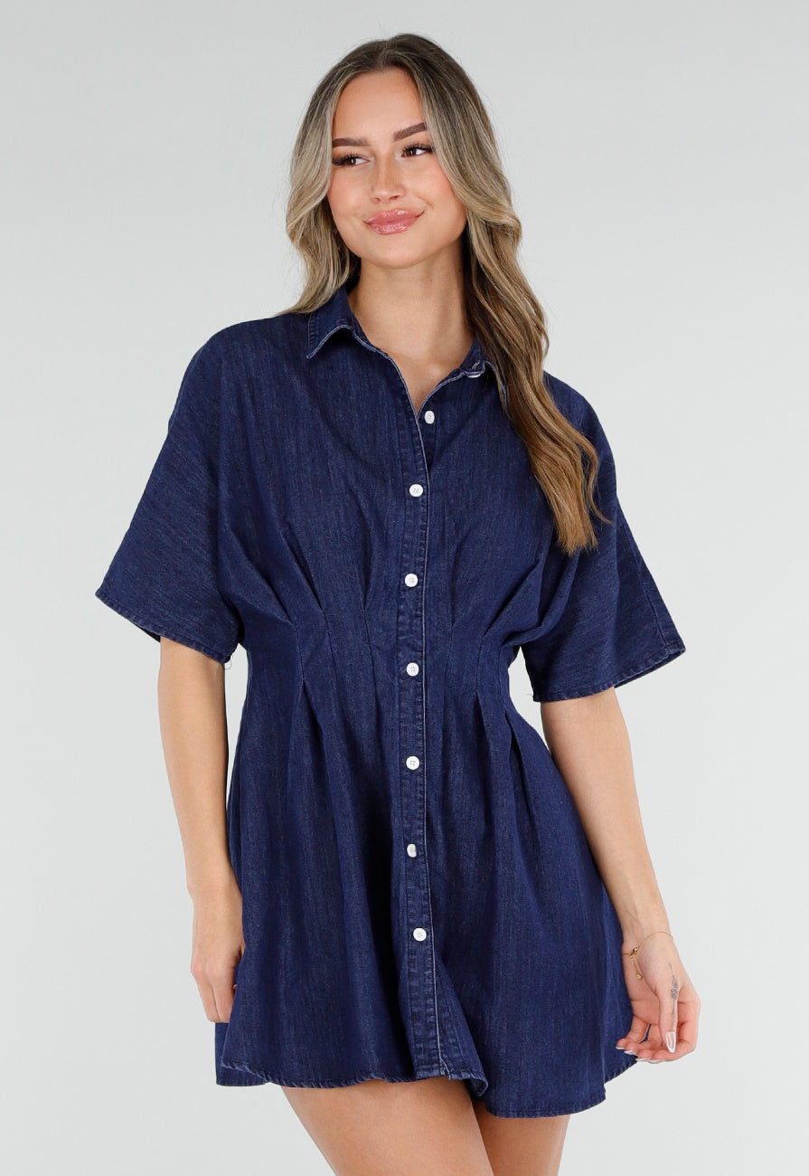 Donkerblauwe Getailleerde Denim Blouse Jurk met Korte Mouwen