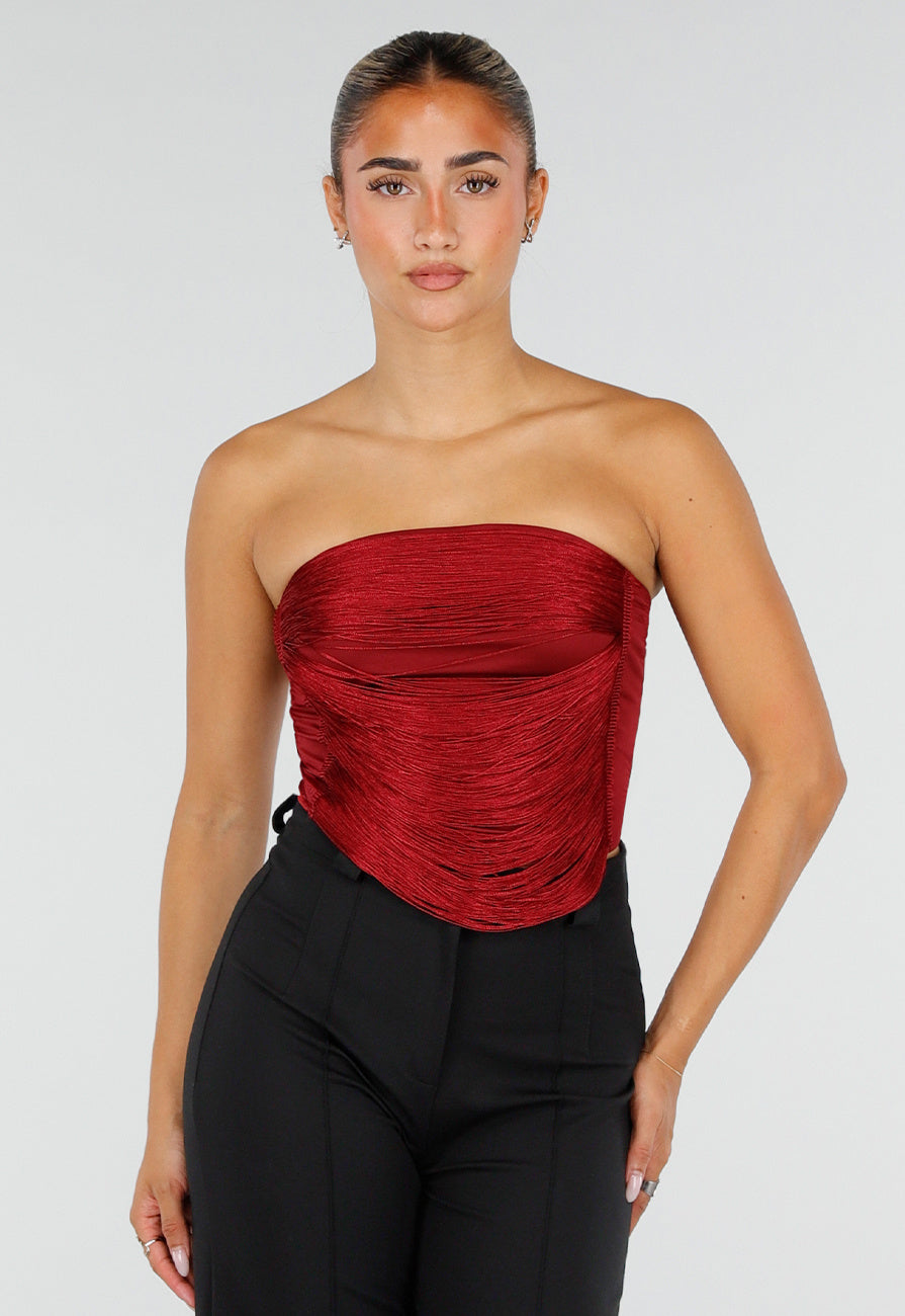 NEW120826 Bordeauxrode Strapless Fringe Top met Stretch