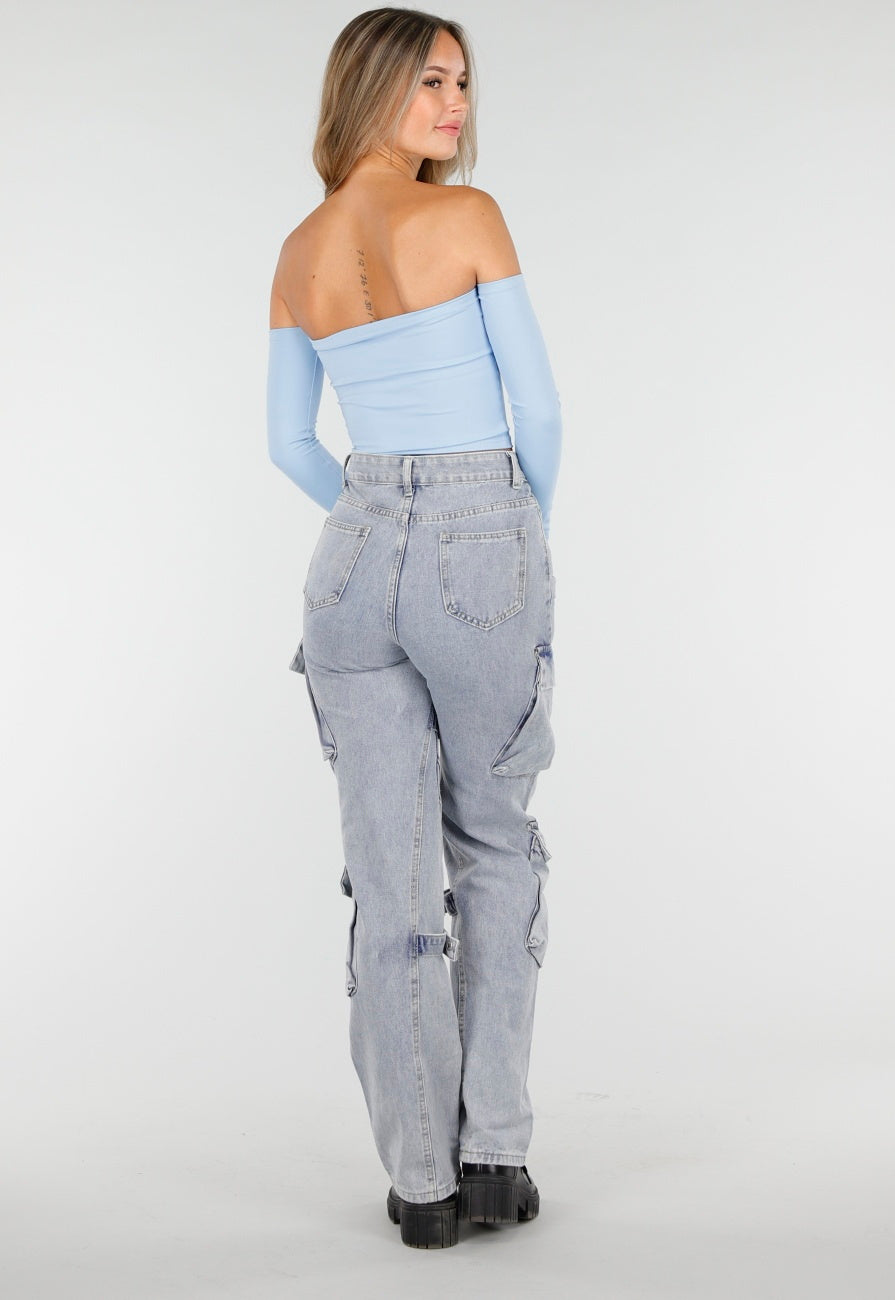 Blauwe Off Shoulder Top met Lange Mouwen en Stretchstof