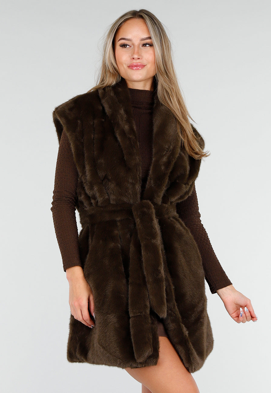 Donkerbruine Faux Fur Bodywarmer met Ceintuur