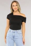 Zwarte Geplooide Top met Asymmetrische One Shoulder
