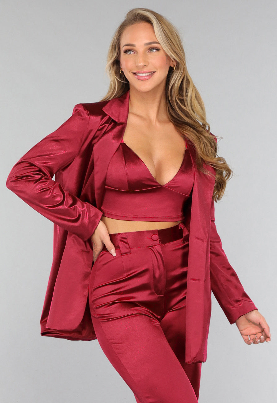 Burgundy Satijnen Blazer