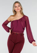 Paarse One Shoulder Top met Afneembare Mouw en Stretch