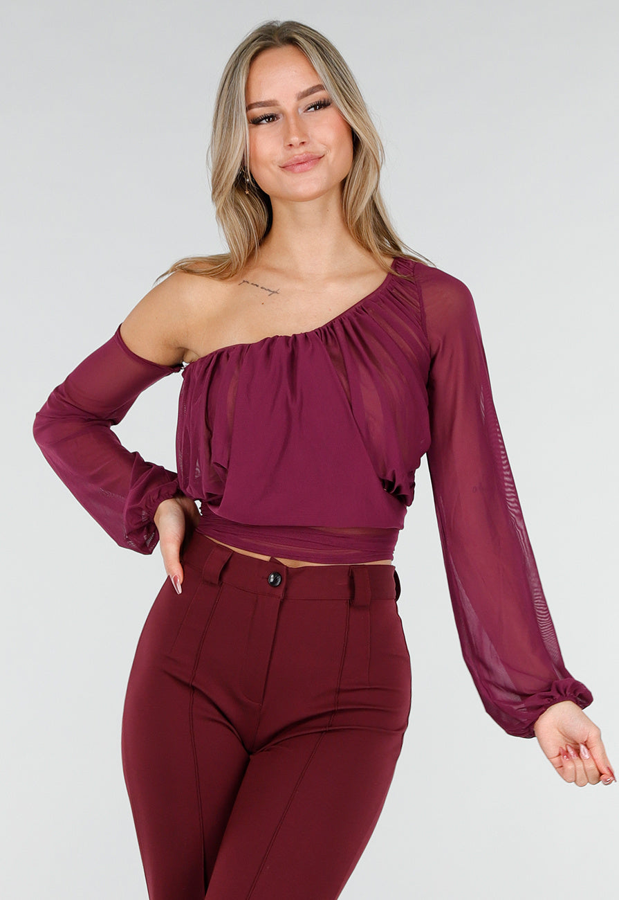 Paarse One Shoulder Top met Afneembare Mouw en Stretch