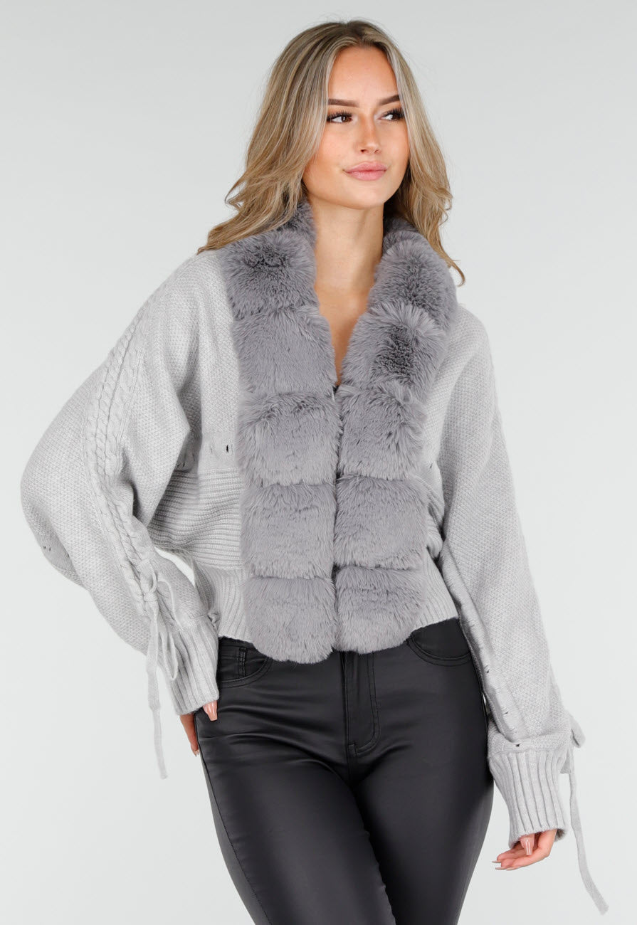 Grijs Gebreid Vest met Faux Fur Kraag en Strikdetails