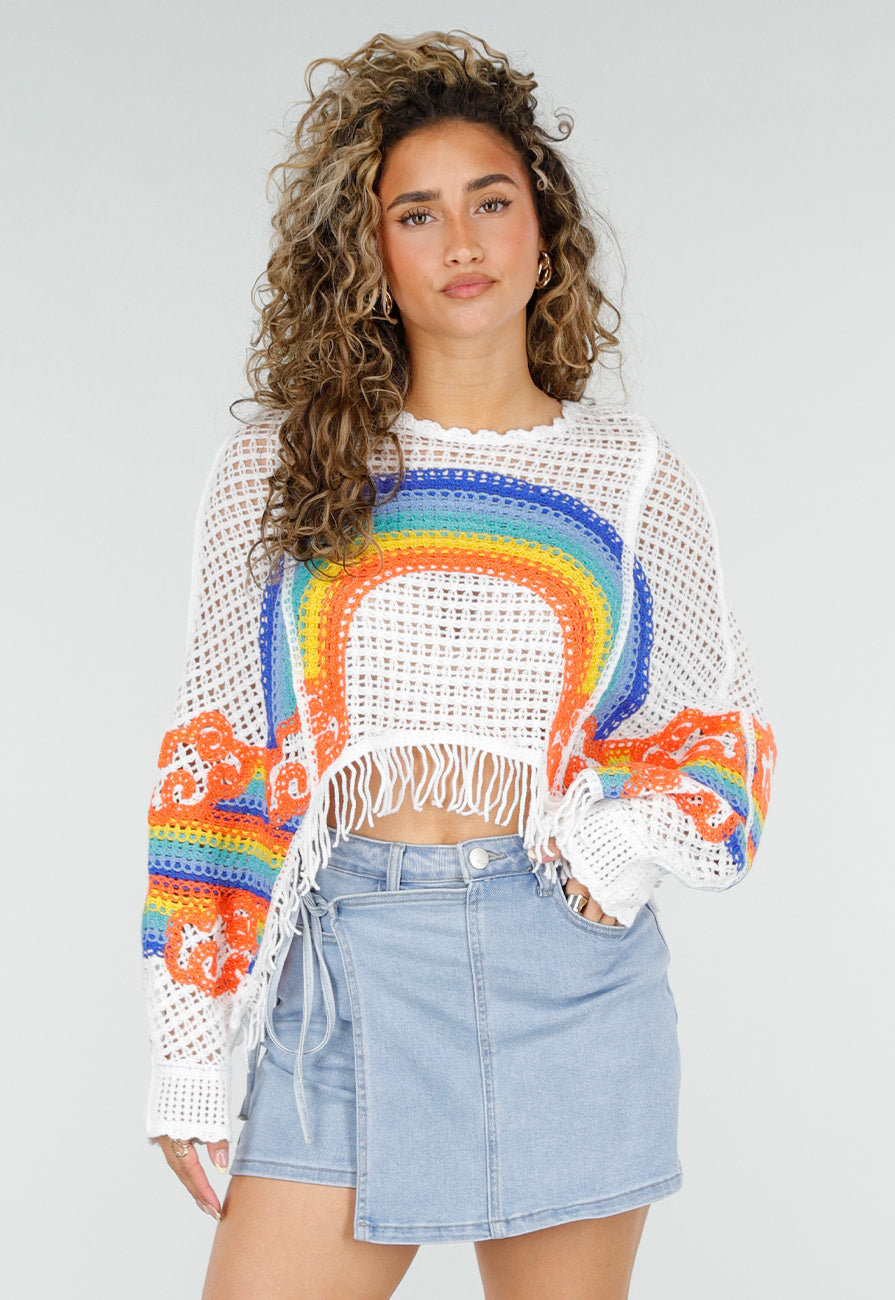 Witte Gehaakte Trui met Regenboog Print en Franjes